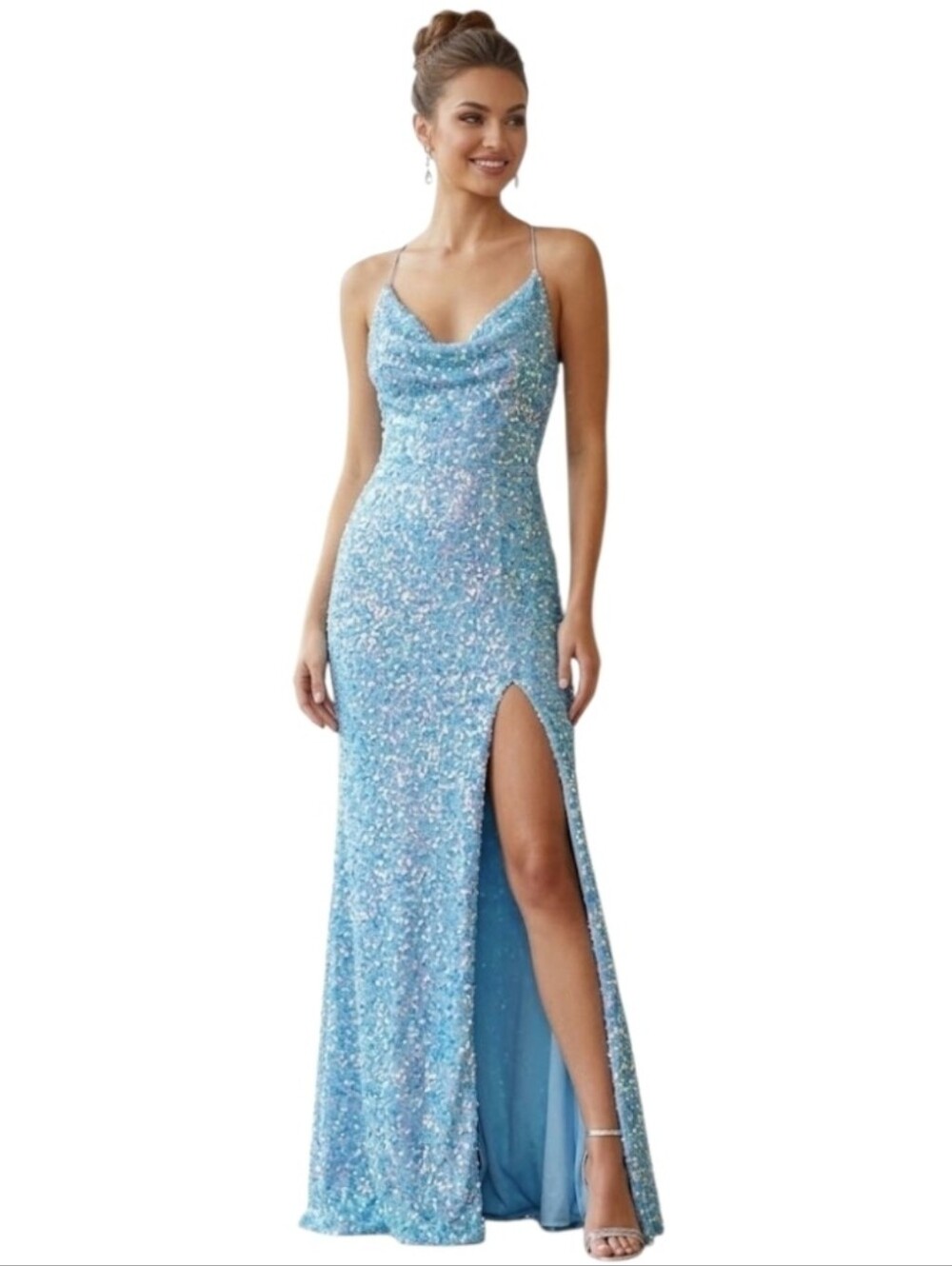 Sequin Slip Gown in Light Blue Prom Formal Evening Cocktail Event Gala Dress